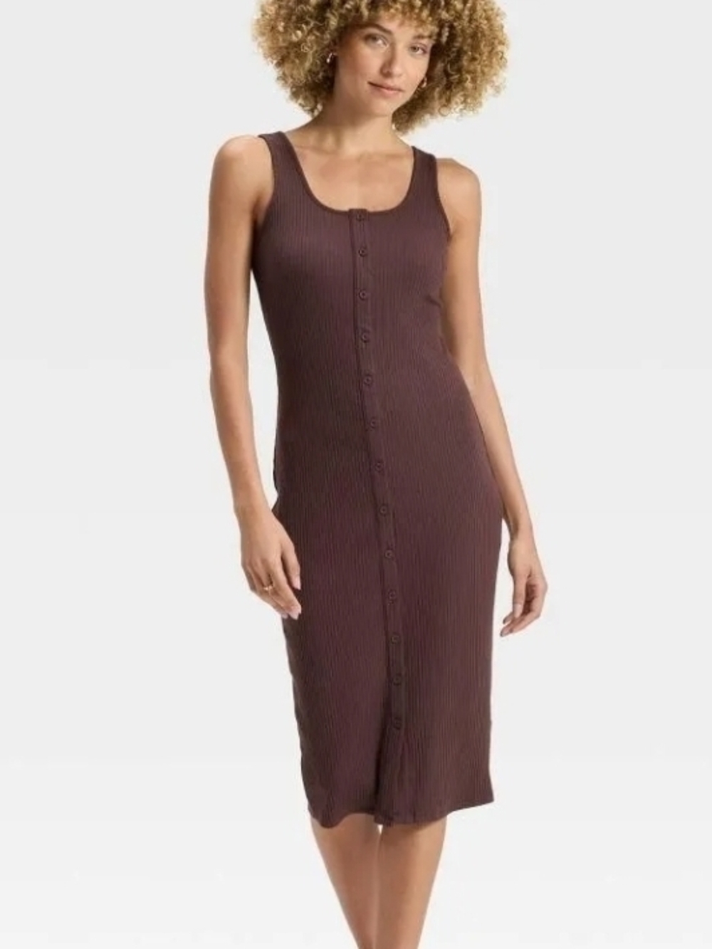 a new day Ribbed Button-Front Sleeveless Midi Dress - Brown